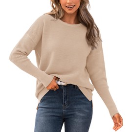 BTFBM Casual Women 2023 Fall Sweater Long Sleeve Ribbed Knit Pullover Loose Crewneck Batwing Split Sweater(Solid Apricot,Large)