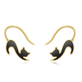 Cat Earrings Sterling Silver Black Onyx Cat Earrings Gold Plated Cat Dangle Earrings Pull Through Cat Black Onyx Jewelry Birthday Christmas Gifts for Women Girls