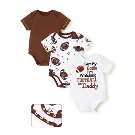 PATPAT Baby Bodysuits Rayon Super Durable - Short Sleeve for Boys and Girls - Newborn Infant Unisex Gift Clothes - 3 Pack Football 6-9 Months Brown/White