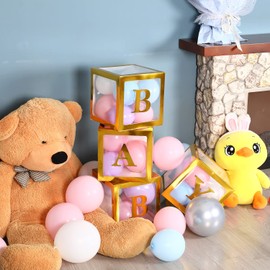 Sooyee Gold Clear Baby Boxes with Letters for Baby Shower,Baby Shower Decorations, Transparent Ballon Boxes Backdrop,Baby Shower Birthday Party,Gender Reveal, Baby Blocks