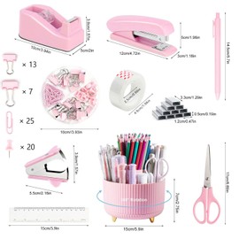 Juego de Suministros de Oficina,kit de papeleria,accesorios para escritorio,cosas para escritorio,incluye organizador de escritorio,grapadora, dispensador de cinta,tijeras(Rosa)