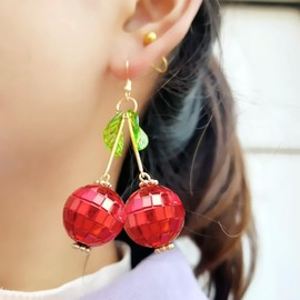 Cherry Earrings for Women Red Disco Earrings Sparkling Dangle Drop Earrings 3D Cherry Fruit Earrings Dangle 70s Disco Outfits Trendy Jewelry Gifts