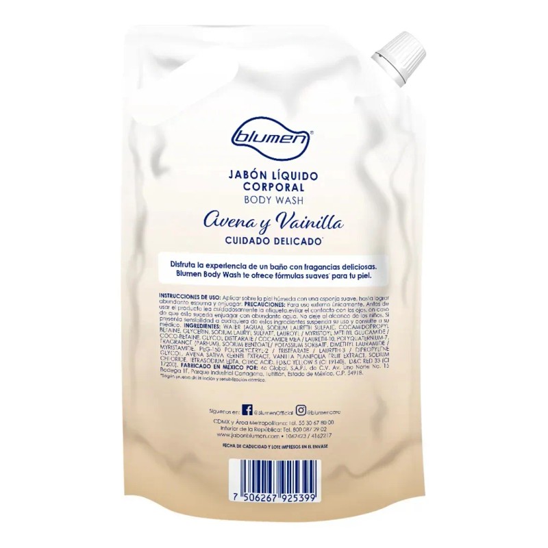 Jabón Líquido Corporal Cuidado Delicado Avena Y Vainilla 1300ml Blumen