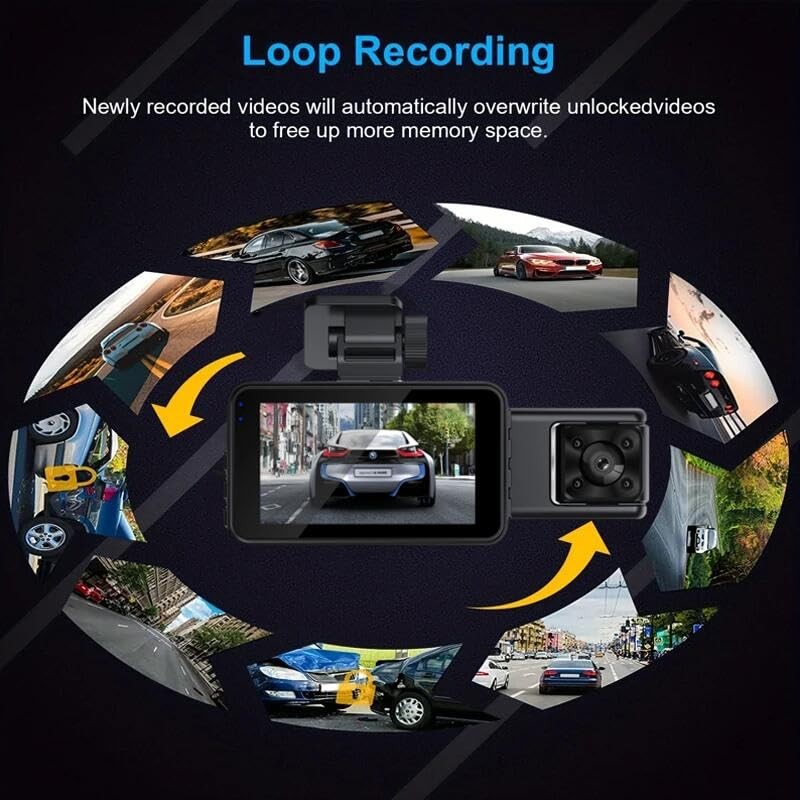 3-Channel Car Dash Cam Wifi 1080p FHD 140° Wide Angle