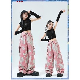 FLASHOON Kids Dance Costume, Setup, Girls, Tank Top, Tight Pants, Loose Fit, Kids Hip Hop, Jazz, Street Style Tops, Pants, Girls, 110, 120, 130, 140, 150, 160, 170cm, Girls, Black, Pink, Setup, 140