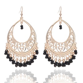 coadipress Filigree Cut-out Dangling Chandelier Earrings for Women Bohemian Retro Gold Chandelier Tassel Drop Earrings Ethnic Gypsy Beads Tassel Earrings Jewelry Gifts (Black Beads)