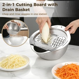 Rice Washer Strainer Bowl with Grater Lid, Stainless Steel Multi-function Slicer Cuts for Varied Size Grate & Slicing, Food-Safe Rice Colander Strainer for Vegetables, Fruit, Pasta