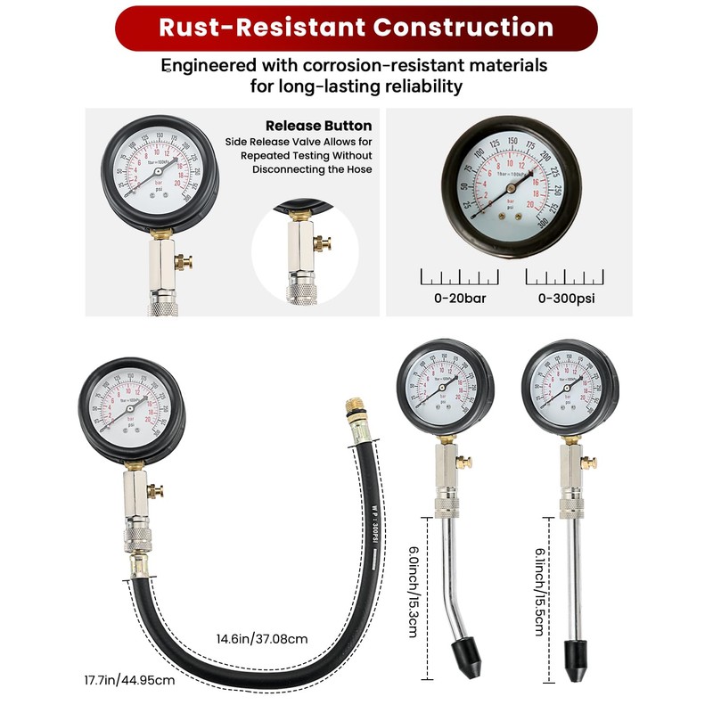 ATPEAM Compression Gauge Cylinder Pressure Gauge with Vacuum Gauge 0-300PSI