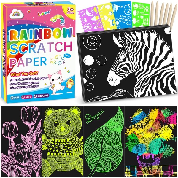 ZMLM Art Craft Kit for Kids: 60 Sheets Magic Rainbow Scratch Paper Art Supplies 5 Colour Scratch Drawing Pad for 3-9 Years Old Gift Child Toy Activity for Birthday Christmas Halloween