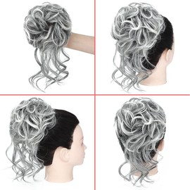 KETHBE Messy Bun Hair Piece Tousled Updo Hair Buns Extension Elastic Hair Band Hair Pieces Curly Hair Bun Scrunchie For Women (Black Mix Silver Gray)