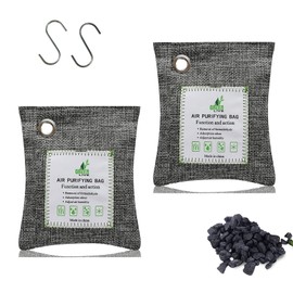 Bamboo Charcoal Bags Odor Absorber, 2 Packs 100g Charcoal Deodorizer Bags with Hooks, Nature Bamboo Charcoal Air Purifying Bags Activated Charcoal Odor Absorbers for Home Cars Pet Closet Bathroom