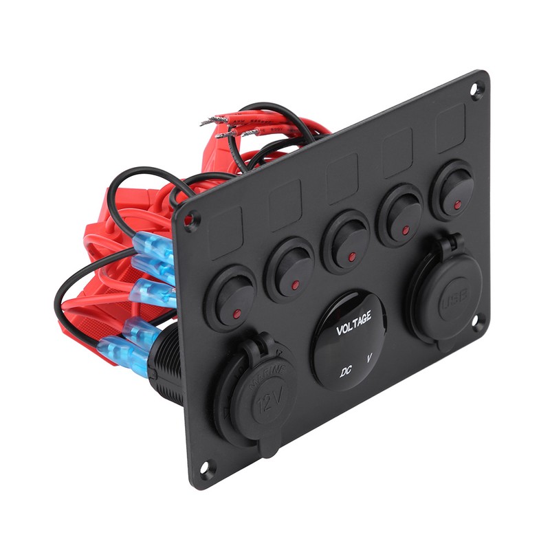 12-24V 5 Gang On/Off Toggle Switch Panel Dual USB Voltmeter