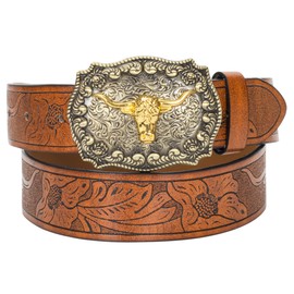 HinyBoeh Western-PU-Leather-Belts for Men and Women Cowboy-Cowgirl Longhorn-Bull-Pattern-Engraved-Buckle-Belt for Unisex