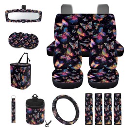 Wanyint Butterfly Colorful Car Seat Covers Front Back Seat Cover Full Set with Car Steering Wheel Cover Safe Belt Pads Coasters Garbage Can Rear View Mirror Cover Keychain Air Vent Storage Bag, 15 PCS