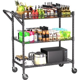 REGILLER 3 Tier Heavy Duty Rolling Utility Cart,18" D x 30" W x 36.6" H Rolling Carts with Wheels,Commercial Grade Metal with Handle Bar & Shelf Liner,Trolley Serving Storage Cart for Kitchen Black