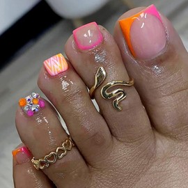 24 Pcs Summer Press on Toenails Pink Fake Toe Nails with Colorful Ripple Designs French Nails Rhinestone Stick on Toenails Reusable Acrylic Toenails for Women Manicure False Nails Kit