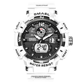 SMAEL Men's Watches Sports Outdoor Waterproof Military Digital Analog Wrist Watch Alarm Date Multifunction Dual Display LED Stopwatch 8045 White Men's Watches