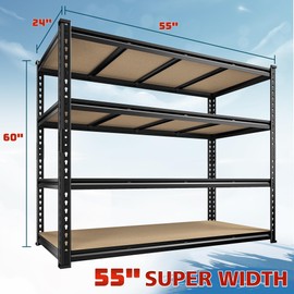 DurayLoly 55" W Storage Shelves, 2040LBS Garage Shelving Heavy Duty, 4-Tier Heavy Duty Shelving, Adjustable Metal Shelving Unit for Garage, Warehouse, Pantry, Kitchen, 55" W × 24" D × 60" H, Black