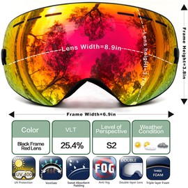 JULI OTG Ski Goggles,Frameless Over Glasses Skiing Snow Goggles for Men Women & Youth - 100% UV Protection Dual Lens (Black Frame+VLT 25.4% Brown Len with REVO Red)