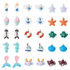 KISSITTY 30Pcs 15 Styles Summer Beach Charms Ocean Theme Resin Pendants Miniature Ocean Animals Charms with Iron Loops for DIY Necklace Bracelet Earring Jewelry Making Supplies, Resin, No Gemstone