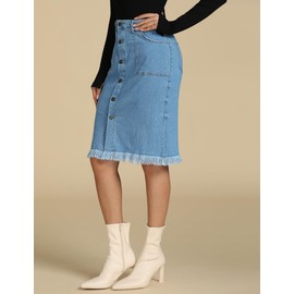 luvamia Women's Casual Mid Rise Button Down Frayed Raw Hem Stretchy Denim Midi Skirt Jean Skirt Light Blue Size Large