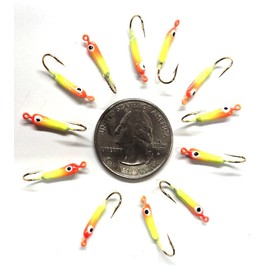 Catchmore Jon's Ice Jigs - Swim Jig Style - 12 Pack - Size 8 Hook - Yellow Chartreuse/Orange/Glow Body Color - #JIJ95