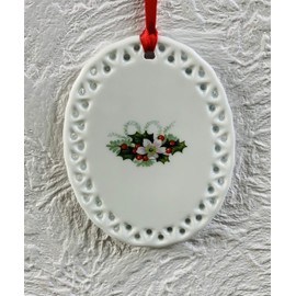 Oma Holly Berries White Circle Disk Porcelain Christmas Ornament