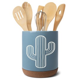 Elanze Designs Classic Cactus Desert Plant X-Large Cork Bottom Ceramic Stoneware Utensil Holder, Spatula Caddy, Crock Container, Kitchen Storage Organizer Home Décor, Sky Blue