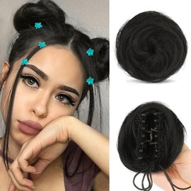 QKEPCY 2 x Claw Clip in Hair Bun for Women Girls Mini Messy Bun Hairpieces Bun with Clip Curly Hair Scrunchie Paired with 5 Pieces Floral Hair Clips