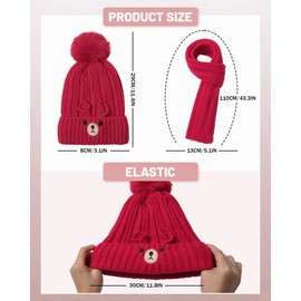 WELROG Kids Winter Hat and Scarf Sets Warm Knit Hat Infant Toddler Crochet Fur Hairball Beanie Cap 4-10 Years Old（Red）
