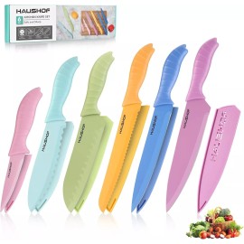HAUSHOF 12-Piece Colorful Non-Stick Coated Knives Set Blades for Slicing for Kitchen