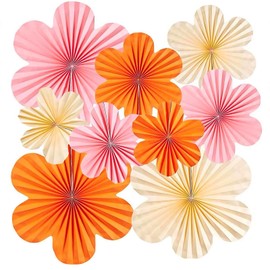9Pcs Paper Fans flowers - Orange Pink Party Decorations - Hanging Flowers Backdrop for Birthdays, Baby Shower, Wedding Table Decoration