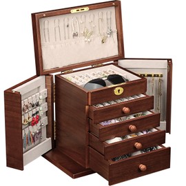 Artisticbox Lockable Wooden Jewelry Box for Women - 8-Layer Dresser Top Jewelry Boxes and Organizer with Key,Large Storage for Necklaces,Solid Wood Jewelry Organizers with Necklace Hooks