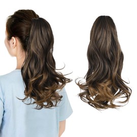 FREEORR Claw Clip Ponytail Hair Extension, 14”Ponytail Clip in Claw Hair Extension, Long Curly Claws Clips in Pony Tail Extensions for Women, Natural Hairpiece-Black, Medium Chestnut Brown Mix