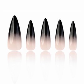 MISUD Goth Press on Nails Long Stiletto Fake Nails Glossy Glue on Nails Black Ombre Acrylic Nails Almond Artificial Nails Gothic Gradient Stick on False Nails with Design 24 pcs