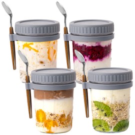 Famyards 4 Pack Overnight Oats Containers with Airtight Lids and Spoons, 16 oz Glass Mason Jars with Measurement Marks, Oatmeal Jars for Cereal, Yogurt, Milk, Salads, Fruit (4 Grey)