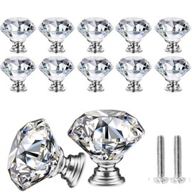 Bosdontek 10 Piece Drawer Knobs Dresser Knob Furniture Knobs Crystal 30mm Zinc Alloy Crystal Glass Knob Handle Wardrobe Pull Handles Furniture Handle (Transparent) (10 Silver)