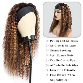 mmiQus Ombre Headband Wig Human Hair Water Wave Human Hair Headband Wigs for Women Glueless None Lace Front Wig 180% Density Highlight Curly Hair Wigs Human Hair with Headbands 12 inch