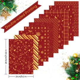 MIAHART 45 Sheets Merry Christmas Pattern Paper Set 10 Designs Festival Decorative Craft Paper Double-Sided for Card Making Scrapbook, A4 Size-Red and Gold