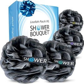 Esponja de baño de carbón Loofah XL 75 g por Shower Bouquet: 4 unidades, extra grande puf de malla suave para hombres y mujeres – Exfolia con gran col