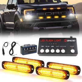 FOXCID 4pcs LED Emergency Grille Surface Mount Strobe Light Ultra Slim Sync Feature Hazard Warning Flasing for Vehitcle (Yellow)