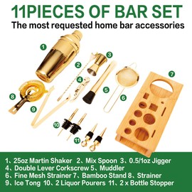 JWJIUEJIU Cocktail Shaker Set Bartender Kit with Bamboo Stand,13 Piece Bar Set Stainless Steel Bar Tools Set for Professional Bartender and Home (Gold)