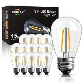 BRIMAX 2w S14 Led Edison Light Bulbs Outdoor 11w Incandescent Filament Bulb Replacement 2700K Bright Warm White Dimmable, E26 Base Durable Led Bulb for Outdoor Patio String Light,15pack