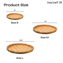 BunCraft VN Set 3 Of Vietnam Traditional Handmade Round Rattan Wicker Serving Basket Trays Food Kitchen Bamboo Fruit Basket Serving Tray with Handles Home Decor Trays