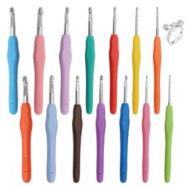 14 Pcs Crochet Hooks, Aluminum Knitting Needles Kit, Colorful Ergonomic Rubber Soft Grip Handle for Beginners Adults with Metal Open Yarn Guide Crochet Rings