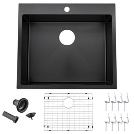 18x18 inch Drop in Bar Sink Black, Topmount Stainless Steel Small Kitchen Sink for Laundry Wet Bar Prep RV Office Outdoor Yard with Dish Grid and Basket Strainer