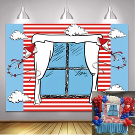 ANFGANC Cartoon Window Photography Backdrops Blue Red Kite Striped Boys Girls 1st Birthday Party Background Baby Shower Decorations Cake Table Banner Photo Booth Props (7x5ft)