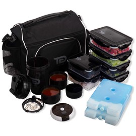 TO GO Meal Prep Bag Insulated Lunch Meals Bag W/6 Portion Control Containers,2 ICE PACKS, Shaker, Pill Box,With an Adjustable shoulder. bag for meals (Black)