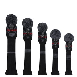 Golf Head Covers for Woods 5 PCS Knit Golf Club Cover Driver Cover*1 Fairway Wood*2 Hybrid (UT)*2 Old-school Style, Big Pom-poms, Best Gift for Golfers (Grey Red Black)