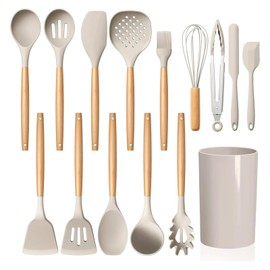 LIANYU 15-Piece Kitchen Cooking Utensils Set with Holder, Silicone Kitchen Tools Include Spatula Tong Slotted Spoon Turner Whisk Brush, Wooden Handle Kitchen Gadgets for Nonstick Cookware, Khaki